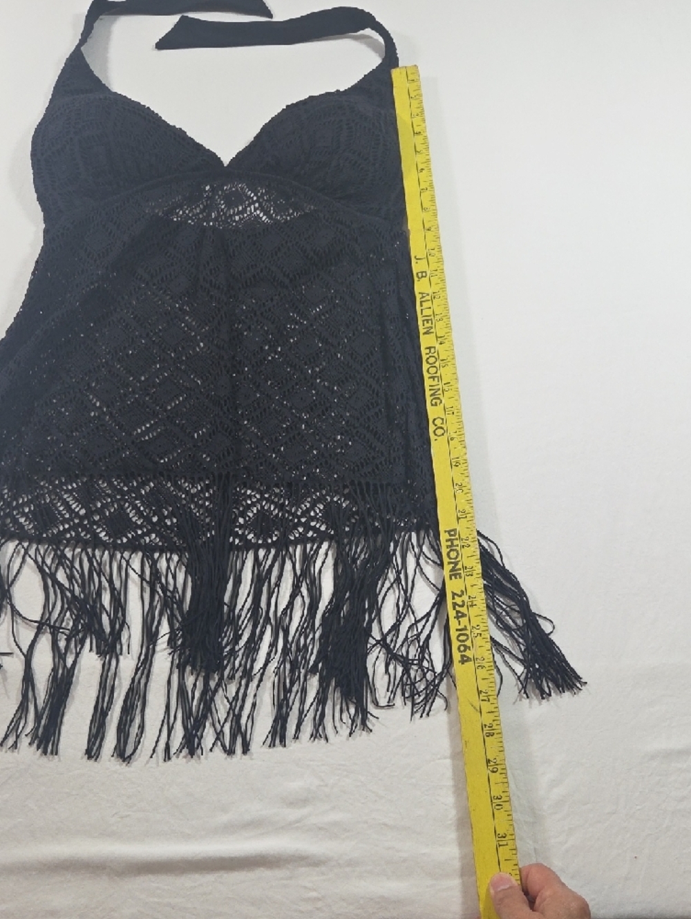 Crochet Halter Fringe Tank Top Swim Top Navy Blue Padded Summer Beach - Picture 10 of 11